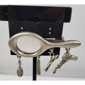Vintage 1986 JJ Jonette Silver Tone Mirrow Hairstylist Charms Artifacts Brooch